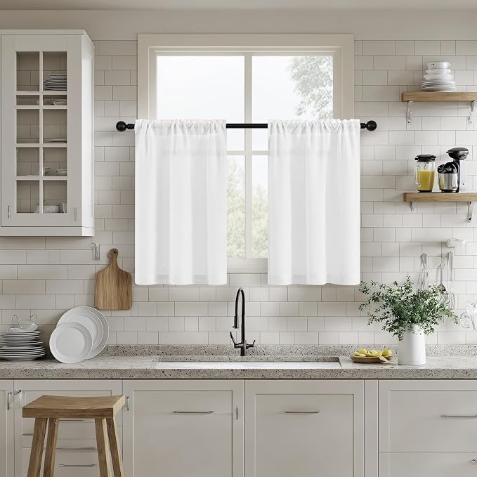 White Linen Kitchen Curtains 30 Inches Long for Half Window Dual Rod Pocket Semi Sheer Drapes Privacy Light Filtering Small Curtains 30 Inch Length for Cafe RV Campers W25xL30 Set of 2