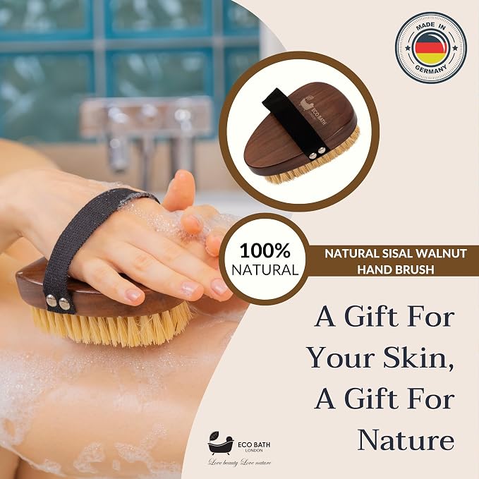 Eco Bath London Natural Sisal Walnut Hand Brush - Luxury Body Brush for Dry Brushing and Exfoliation, Durable Walnut Wood and Sisal Brush for Remove Dead Skin Toxins Cellulite