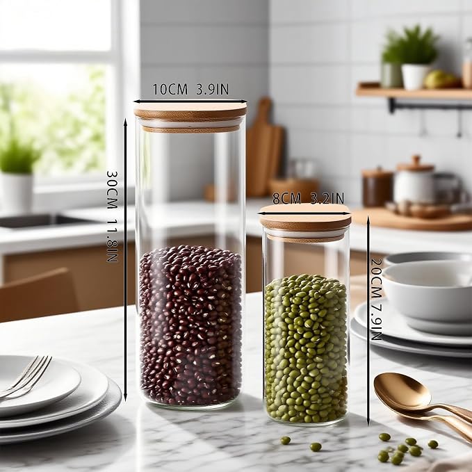 3L and 1.28L Glass Food Storage Containers with Lids - Set of 6 | Square Airtight Food Containers for Kitchen Pantry, Cereal, Coffee, Flour, Sugar