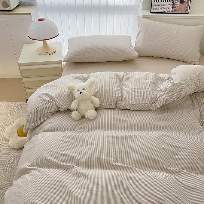 mixinni Tan Striped Duvet Cover Queen Size - 100% Washed Cotton Beige Pinstripe Comforter Cover with Zipper Closure, Lightweight & Breathable, 3 Pieces Minimalist Stripes Pattern Printed Bedding Set