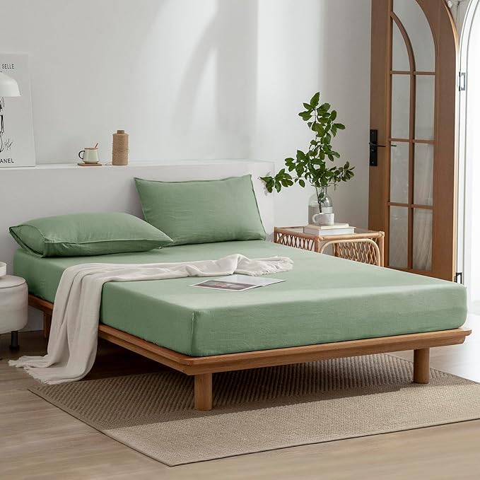 EVERLY Linen Sheets Set California King Size,100% French Stonewash Linen Sheets Set,4Pieces (1Flat Sheet,1Fitted Sheet,2Pillowcase) Suitable for Hot Sleepers Deep Pocket Natural Bedding Set-Saga Green