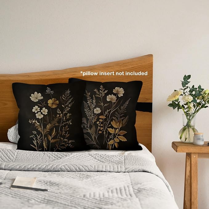 Dark Academia Cottagecore Botanical Throw Pillow Covers 18x18 Set of 4, Vintage Fall Moody Floral Wildflower Decor Pillow Cases for Bedroom Living Room, Rustic Farmhouse Pillowcases for Couch