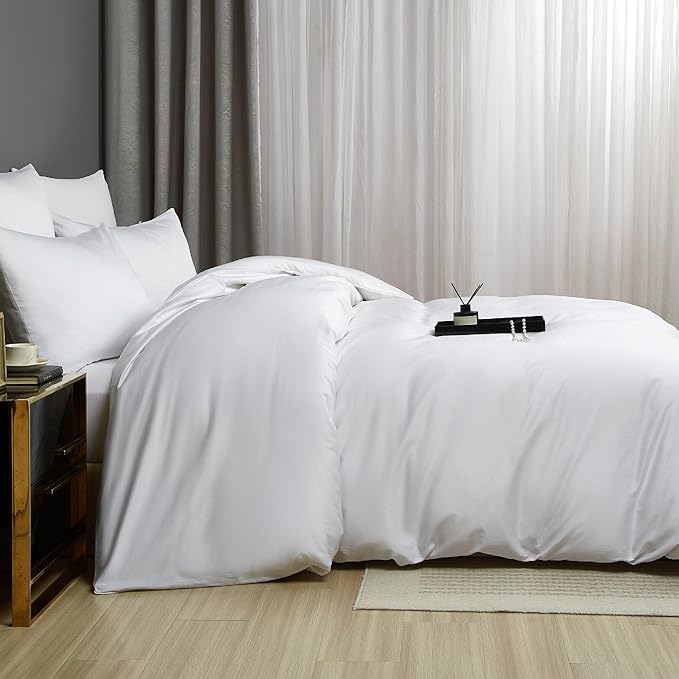 White Cotton Duvet Cover Set Twin 100% Long-Staple Cotton Sateen Bedding Set, Soft Breathable Smooth Organic Pure Cotton Plain Comforter Cover, Luxury Minimalist Bedroom Decor for All Season