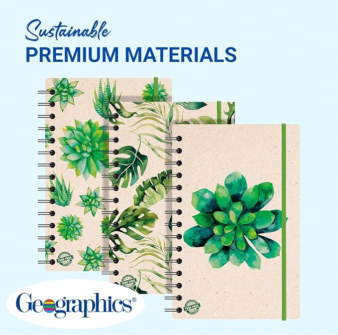 Geographics Eco Journal 5.4" x 8.25", Tree-Free Spiral Notebook with 70 gsm Sugar Cane Paper, Daily Nature Journal with Double-Wire Binding & Elastic Band, 80 Sheets, Cactus
