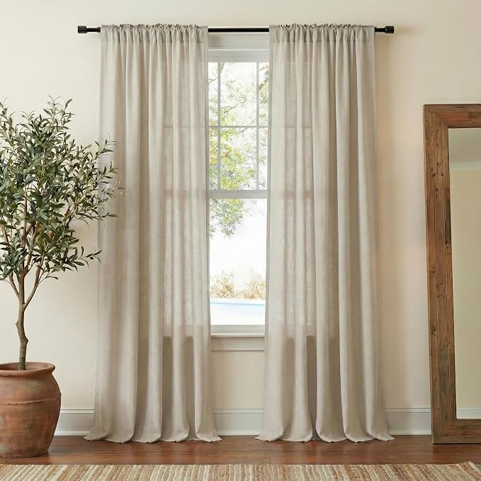 NICETOWN Semi Sheer Curtains 96 inches Long, Rod Pocket & Back Tab Linen Blend Light Filtering Window Treatments Privacy Added Drapes for Living Room, Cocoa Cream, W55 x L96, 2 Panels