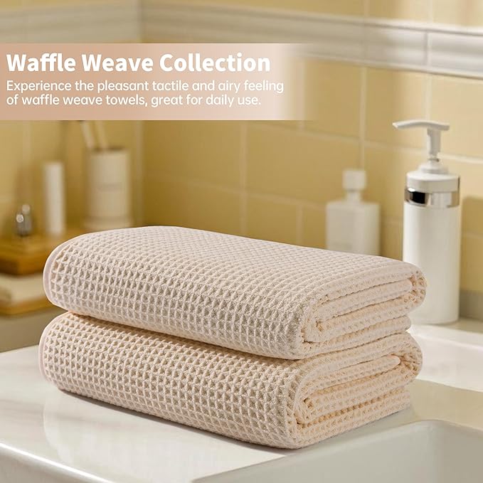 MICROFI New Microfiber Waffle Bath Towels, 2 Pieces, Oversized, Soft, Absorbent, Fast Drying, Lint Free 430 GSM (Champagne)