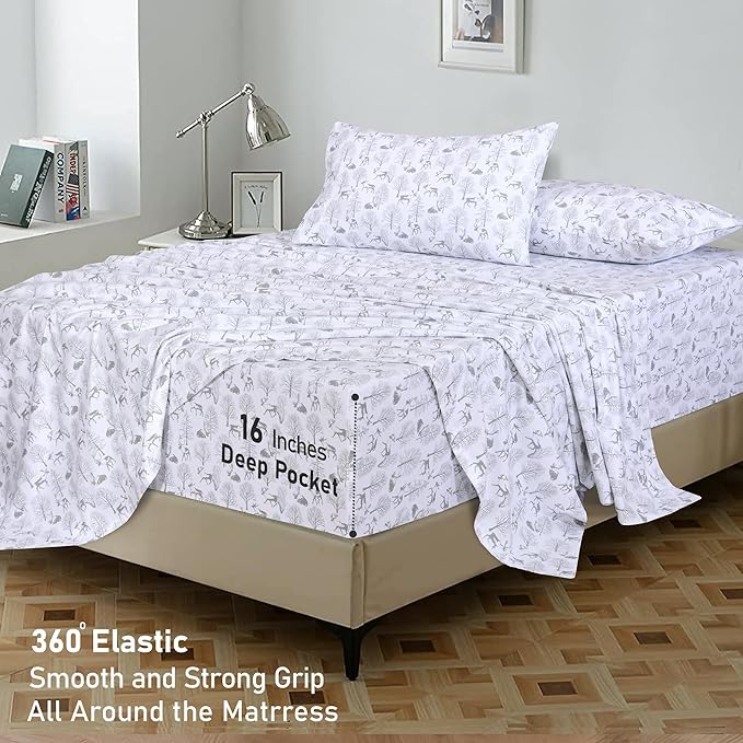 RUVANTI Flannel Sheets Full Size - GOTS Certified 100% Organic Cotton, 4 Piece Warm, Soft & Breathable Set, Deep Pocket Snug Fit, Double Brushed Cozy All Season Bedding, Reindeer Rush