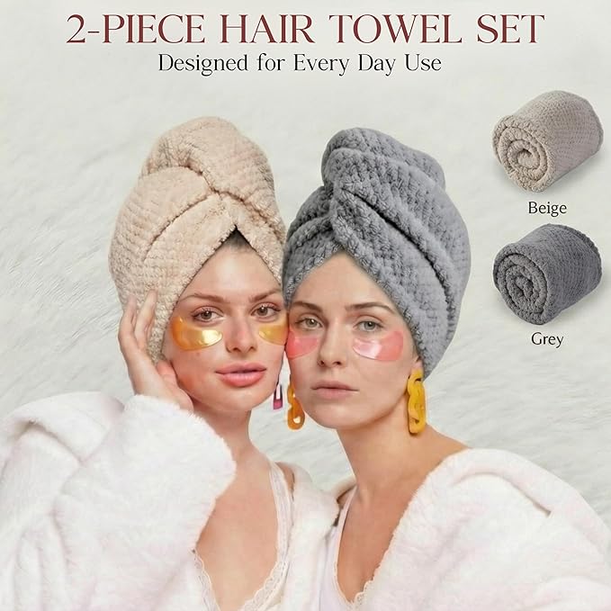 2 Pack Microfiber Hair Towel Wrap for Women 26 x 10 in | Hair Drying Towel with Button | Hair Turban Towel Quick Dry Waffle Coral Fleece Head Towels (Grey + Camel)