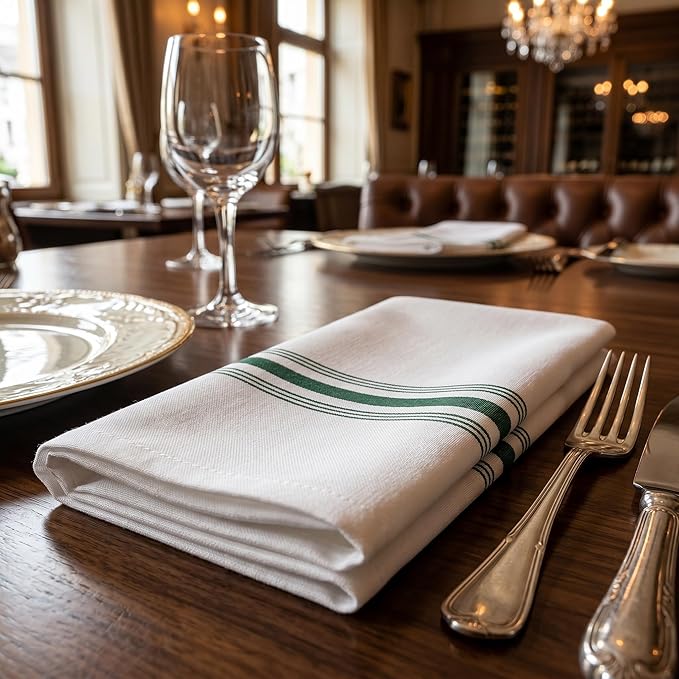 Bistro Restaurant Stripe Cloth Napkins Set of 12 Pack, Commercial Quality 18 x 22 Inches, MJS Linen Dinner Napkins Cloth Washable, Non-Iron, No Fade, Soil Release, Forest Green Stripes