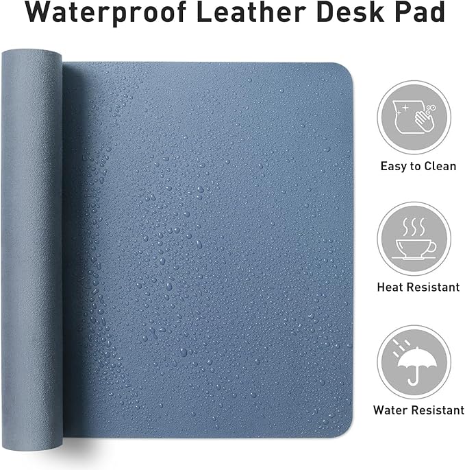 Aothia Faux Leather Desk Mat - Non-Slip PU Leather Desk Blotter, Waterproof Writing Surface, Large Desk Pad for Office & Home (Denim Blue, 55" x 17")