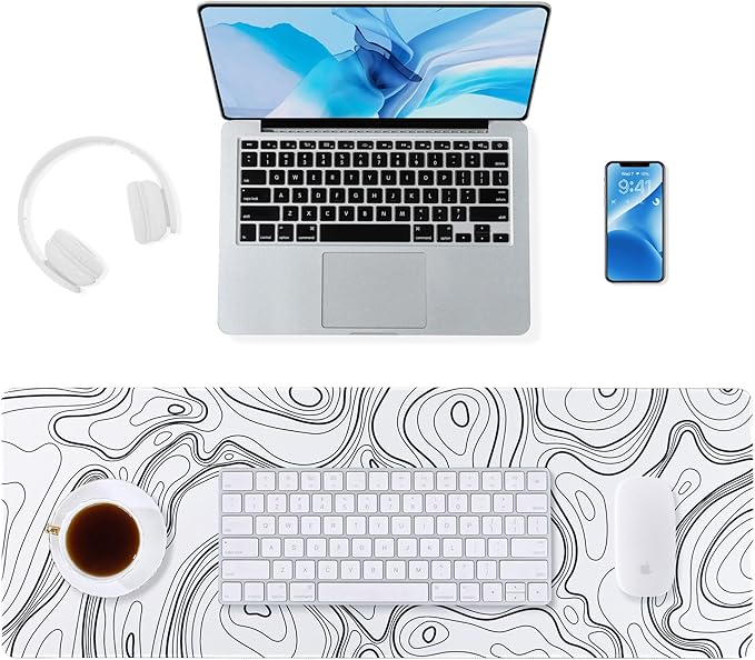 ALOANES Waterproof Mouse Pad with Durable Stitched Edge, XL Gaming Keyboard Pad, Non-Slip Rubber Base, Extended Desk pad for Gamer, Office & Home, White Topographic Map Mousepad 31.5"x 11.8"x 0.12"