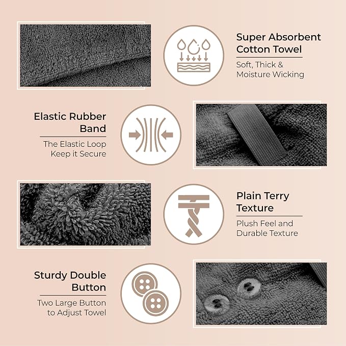 Lili&James 100% Cotton Hair Towel Wrap for Women & Kids – 420 GSM Quick Dry Hair Turban with Double Button Loop, Anti Frizz Non Microfiber Hair Drying Towel for Curly, Long & Thick Hair (Dark Grey)