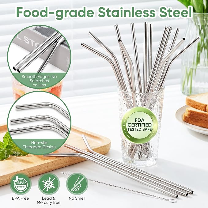 16 Pack Reusable Stainless Steel Metal Straws for 20-30 oz Tumblers, Comes with 6 Silicone Tips, 3 Cleaning Brushes & Storage Pouch, BPA Free Drinking Straws