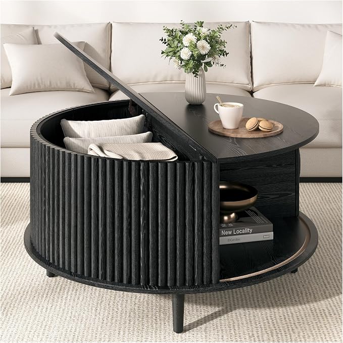 JOINICE 31.5" Round Coffee Table with Storage for Living Room, Black | Hidden Storage,Fluted Sliding Door,Modern Center Table for Small Apartments,Solid Wood Legs,Easy Assembly,Up to 110 lbs