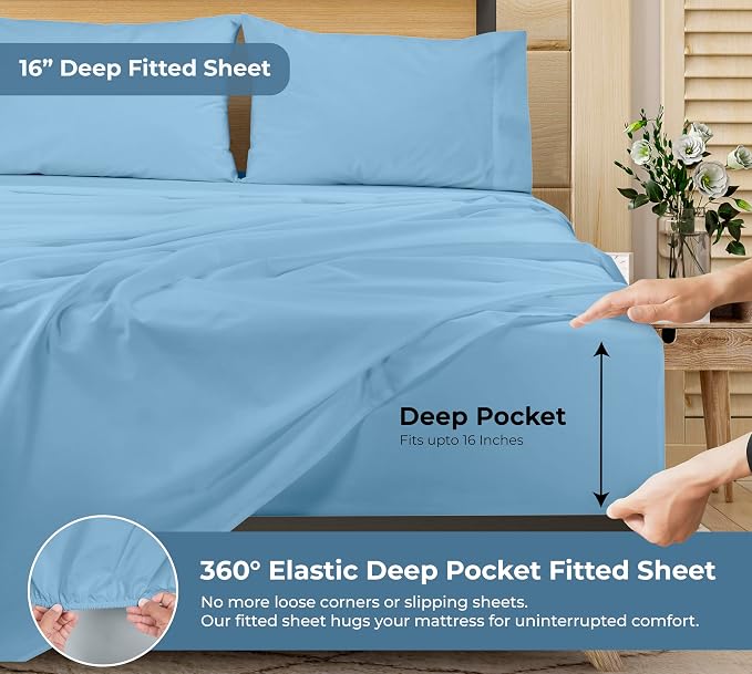 ROYALE LINENS 100% Organic Cotton Queen Sheet Set - Percale Weave - 4 Pieces Set - 1 Flat, 1 Deep Pocket Fitted Sheet and 2 Pillowcases - Lake Blue Bed Sheets - Sábanas Queen - Crisp Cool (Lake Blue)