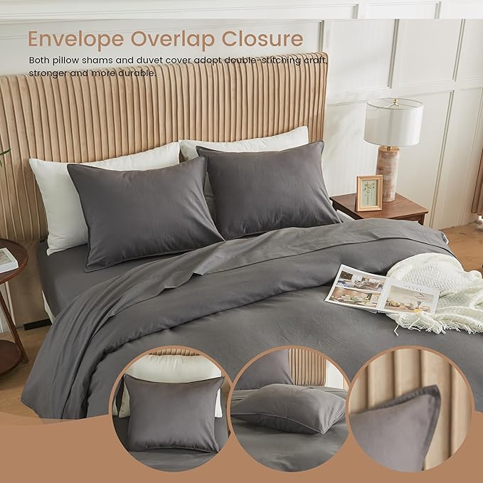 BISELINA French Linen Duvet Cover Set 3pcs with Hidden Zipper Closure Natural Flax Cotton Blend Solid Color Soft Breathable Luxury Farmhouse Bedding - Full Size, Dark Grey