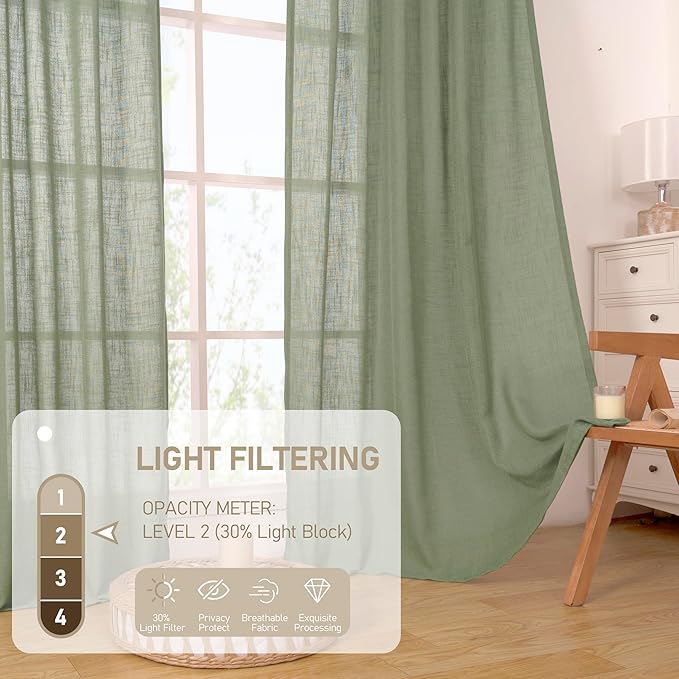 LAMIT Linen Semi Sheer Curtains 48 Inch for Bedroom, Light Filtering Neutral Window Curtains Farmhouse Boho Back Tab and Rod Pocket Panels, Sage Green, 2 Panels, 52 x 48 Inch