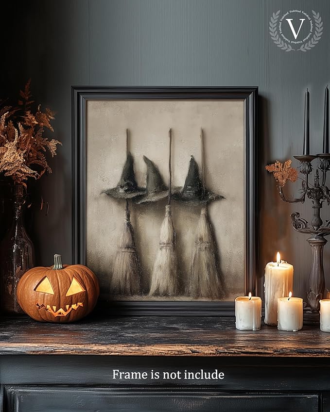 Vodefoad Vintage Witch Hats and Brooms Print, Spooky Gothic Halloween Decor, Halloween Home Decor Wall Art, Retro Moody Halloween Wall Art for Gallery, Living Room, Bathroom, Bedroom,Holiday Gift - 8x10Inch Unframe