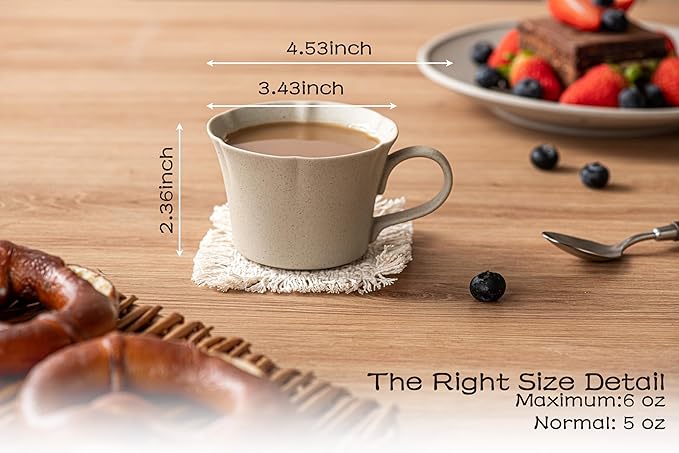Ceramic Coffee Mugs Set of 4, Vintage Flower Mugs,6 oz Small Coffee Cups with Handle,Handmade Floral espresso mugs for Latte,Cappuccino,Tea Cups (Natural Beige, 6, OZ)
