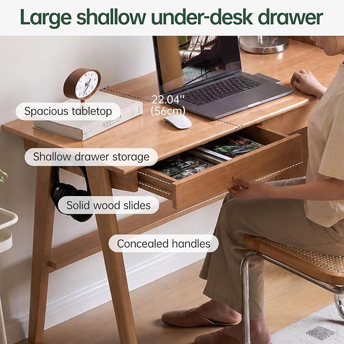 YESWOOD 100% Solid Rubber Wood Desk, Mid Century Modern Writing Computer Desk in Walnut Finish with Drawer for Home Office, Sturdy Room, Bedroom 47.24" W Natural Wood