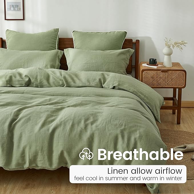 100% French Linen Pillow Shams Basic Style - Pack of 2 - Washed Solid Color Natural Flax Soft Breathable - Sage Green, 20'' x 26''