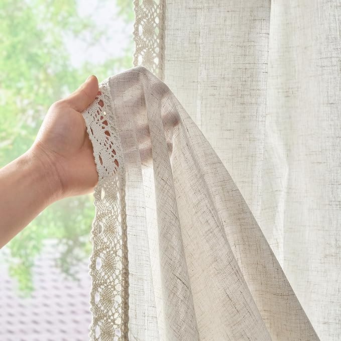jinchan Linen Curtains for Living Room Bedroom Light Filtering Semi Sheer Curtains Boho Farmhouse French Country Cottage Core Decor Window Drapes Back Tab 63 Inch Length Laced Beige