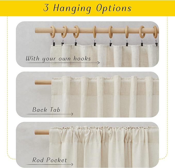NICETWON Natural Linen 96 inch Curtains for Bedroom, Rod Pocket & Back Tab Semi Sheer Window Treatments Light Filtering Drapes Privacy for Farmhouse, W55 x L96, 2 Panels