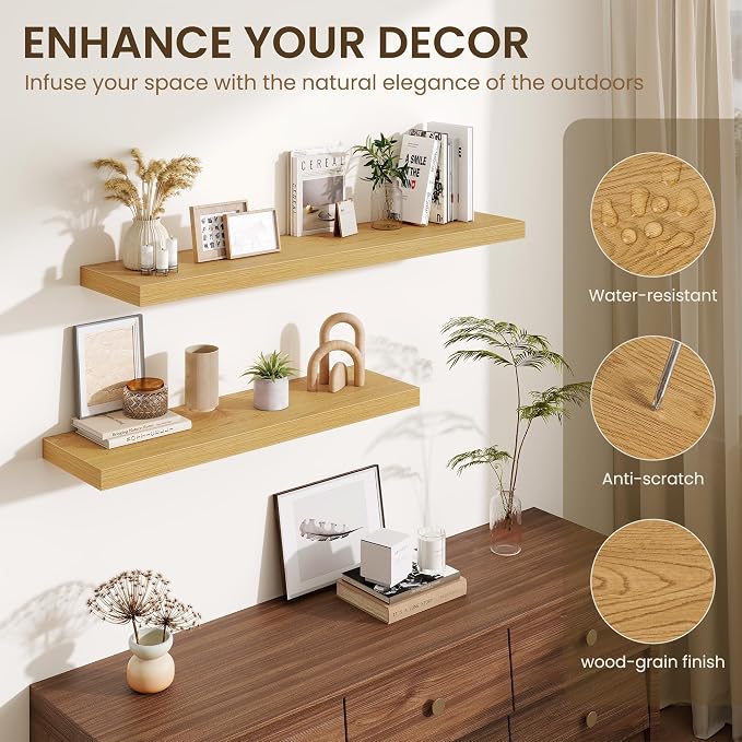 Fun Memories 32 x 10 Floating Shelves Wall-Mounted - Rustic Wood Shelf - 10 Inch Deep Floating Shelves for Wall - Large Storage Shelf for Bathroom - Kitchen & Bedroom - Oak - Set of 2