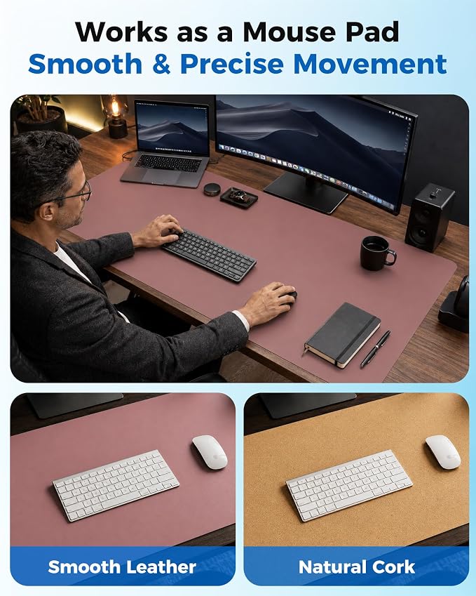 Aothia Dual-Sided Desk Mat, FSC Cork & PU Leather Desk Pad, Large Mouse Pad & Writing Surface for Daily Workspace Setup, Non-Slip Waterproof Desk Protector - 35.4" x 15.7", Pale Mauve