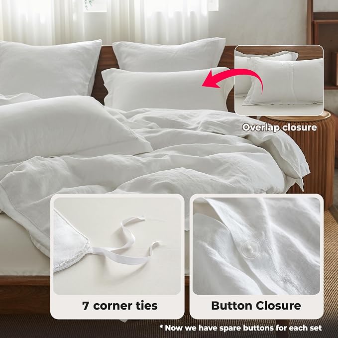 Simple&Opulence 100% Washed Linen Duvet Cover with Embroidered,3 Pieces Soft Farmhouse Comforter Set with Button Closure,1 Duvet Cover and 2 Pillowshams (California King,White)