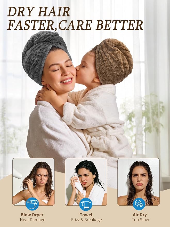 3 Pack Microfiber Hair Towel Wrap for Women, Hair Drying Towels with Button, Super Absorbent Quick Dry Hair Turban, Anti-Frizz Hair Wrap for Curly Thick Long Hair (Gray Khaki Misty Blue)