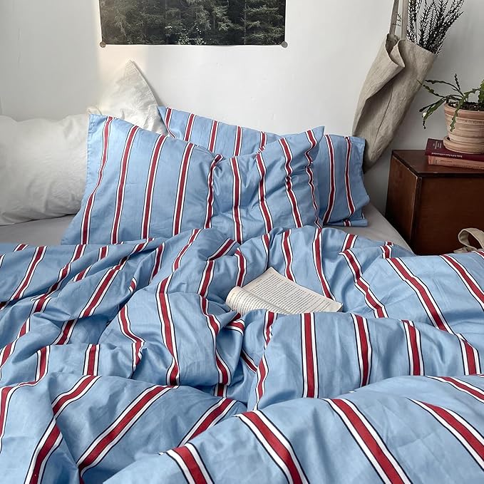 mixinni Vintage Striped Blue Duvet Cover Full - 100% Cotton Red Stripes 3-Piece Bedding Duvet Cover Set with Zipper Closure, Soft & Breathable Retro Design for All Seasons (Full Size)