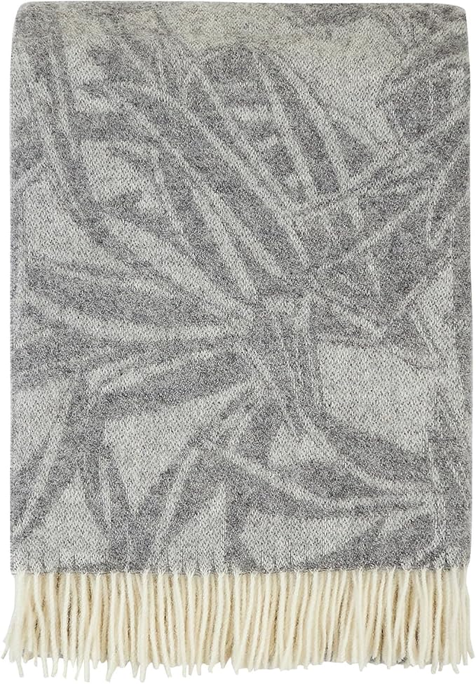 | Wool Blanket/Throw | 100% New Zealand Wool | Perfect for Home and Outdoors | Virgin Wool Blanket with Fringes 55"x79" (140 x 200 cm) (Gray Leaves)