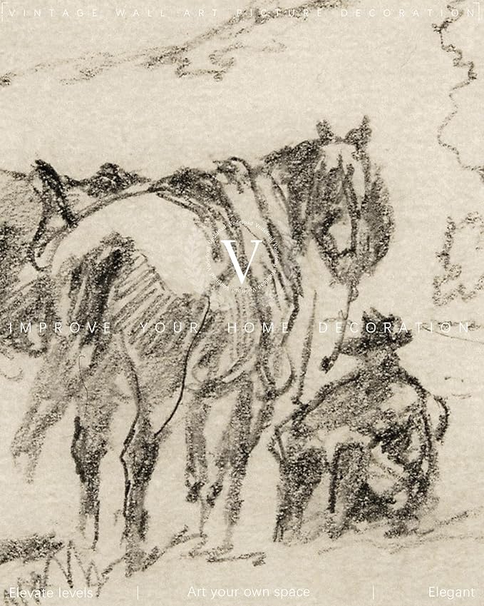 Vodefoad Vintage Western Canvass Wall Art Sketch Cowboy with Horses in a Natural Landscape Minimalist Sketches Decor for Gallery Home Bedroom Farmhouse Bedroom - 8x10Inch Unframe