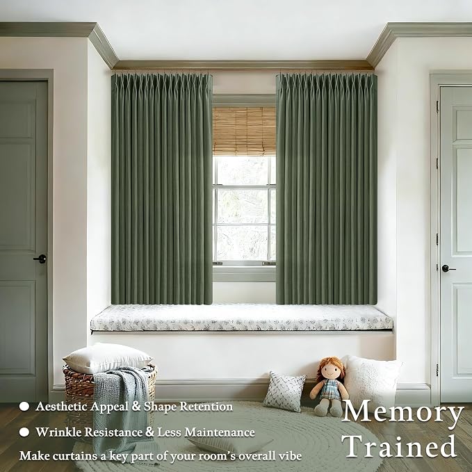 Pinch Pleat Olive Green 72 Inch Curtains for Bedroom Rustic Linen Blend Viral Pleated Semi Sheer Window Drapes Light Filtering Privacy Sunroom Cabin Closet Curtain Back Tab Loden Moss Green 50x72