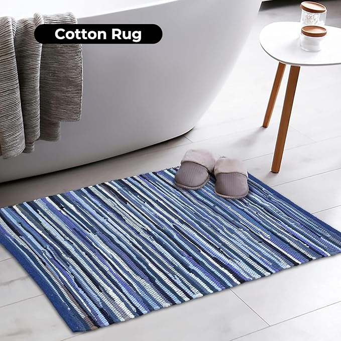 Bedding Craft Hand Made Woven Tonal Chindi 24x36 Inch Rectangle Area, Reversible Farmhouse, Braided Chindi Cotton - Blue Multi