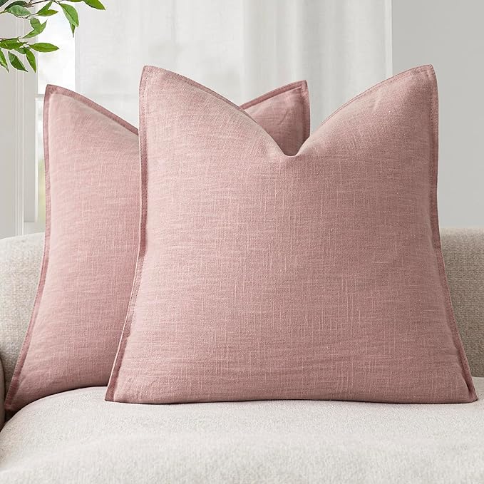 Foindtower Pack of 2, Decorative Linen Soild Throw Pillow Covers Soft Accent Cushion Euro Case Boho Farmhouse Pillowcase for Chair Couch Sofa Bedroom Living Room Home Decor 26 x 26 Inch Rose Pink