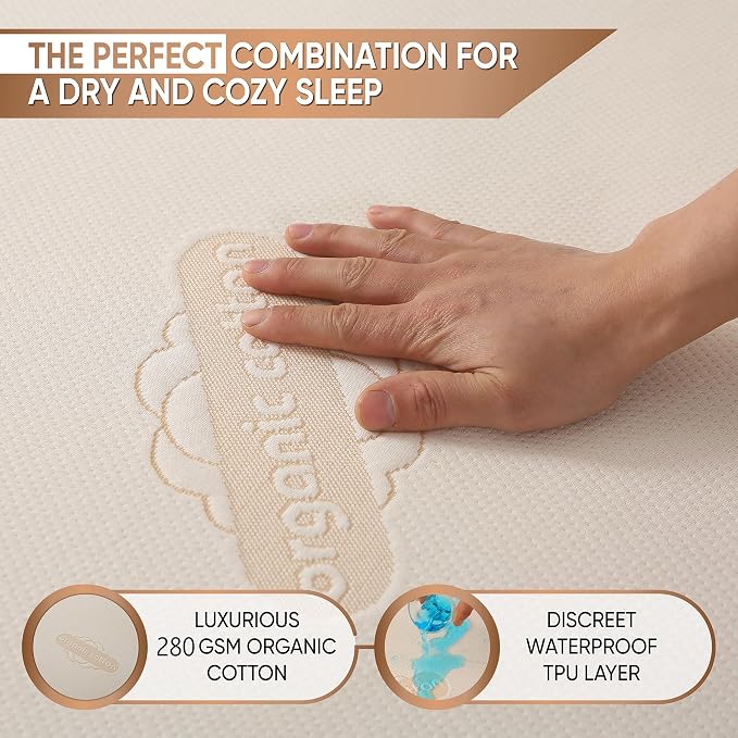 2-Pack Deluxe Waterproof Organic Cotton Pillow Protectors King Size - Premium Organic Cotton, Zippered Encasement, Soft Knit Fabric, Thick 280 GSM Cotton