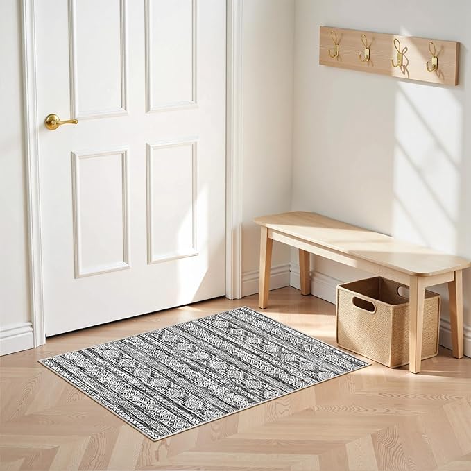 Tortania Area Rug Living Room Rugs - 2x3 Washable Soft Neutral Boho Moroccan Farmhouse Mat Indoor Floor Carpet for Bedroom Hallway Entryway Kitchen Home Office Decor - Black White