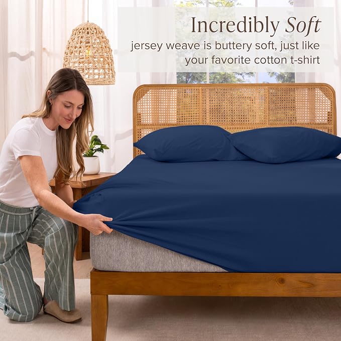 Bare Home 100% Organic Cotton Jersey Fitted Sheet - Twin XL Size - Ultra Soft - Deep Pocket Fitted Sheet - 100% Cotton - Ring Spun Yarns (Twin XL, Dark Blue)