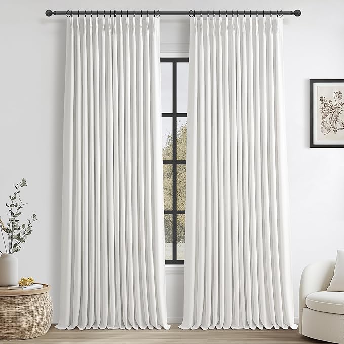 Extra Long 120 Inch Pure White Blackout High Ceiling Curtains for Living Room 2 Panels Set, Memory Trained Pleated Two Layer Linen Soundproof Heat Blocking Elegant Windows Curtain 10FT Length Drapes
