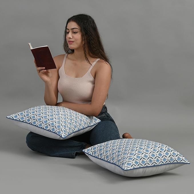 CPC Jeans Blue Block Print Throw Cushion Cover 24 x 24 Inch Set 2 - Decorative Boho Floral Pillow Case for Living Room, Bed, Sofa, Couch, Home Decor Cushion Cover Gift for Spring, Mother's Day