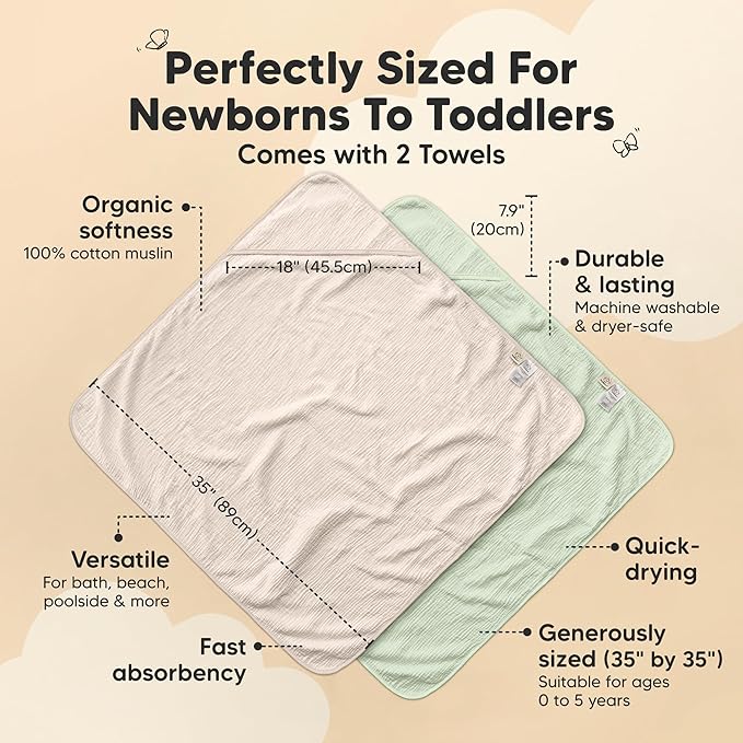 KeaBabies 2-Pack Muslin Hooded Baby Towels for Girls, Boys, and Baby Washcloths for Newborn, Toddlers - 100% Cotton Infant Bath Towel with Hood, Soft & Absorbent Washcloths for Toddlers