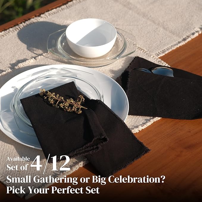 Ramanta Home Cloth Napkins Set of 4 Black 18x18 Inch - Spring Soft & Durable Frayed Dinner Napkin for Easter Wedding, Birthday, Party | Heavy Weight Fabric Table Linen for Everyday Use Family Dinners