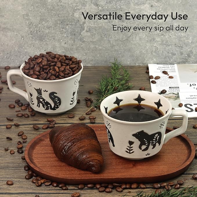 Ceramic Coffee Mug, 11 oz Small Novelty Unique Teacup with Handle, Stoneware Cup for Tea Mocha Latte Cappuccino (Set of 4, Fox and Bear)
