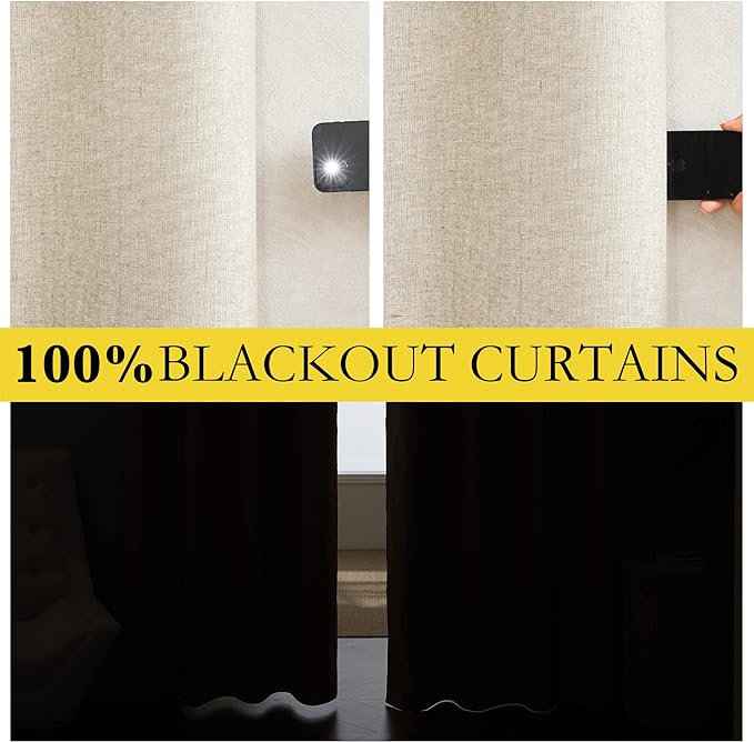 NICETOWN 100% Blackout Linen Curtains for Bedroom with Thermal Insulated White Liner, W52 x L95, 2 PCs, Champagne, Long Drapes Sweep The Floor Decorative Keep Privacy Panels for Living Room/Villa