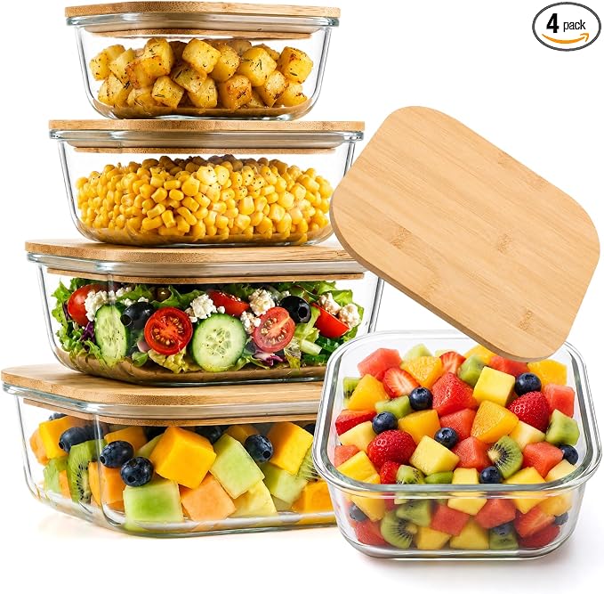 Blushtier 4 Pack 41/27/ 18/11 oz Borosilicate Glass Food Containers with Bamboo Lids, Stackable Glass Bowls for Meal Prep & Lunch, Microwave, Freezer and Dishwasher Safe