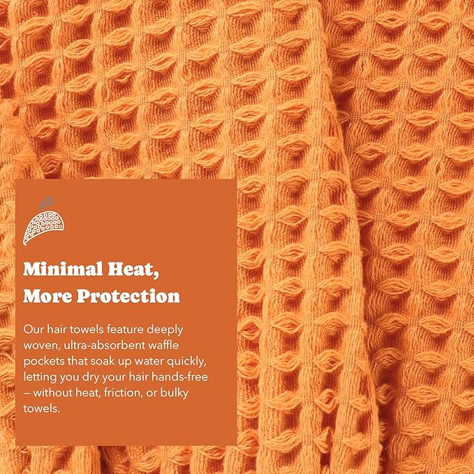 Luxury Organic Japanese Cotton Hair Drying Waffle Towel Wrap for Women | Absorbent, Quick-Dry Head Turban for Shower, Sauna, Spa | Extra Large for Long, Curly, Straight Hair With Button (Orange, 1 Pc)