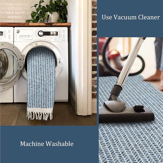 Lahome Belle Boho Kitchen Runner Rugs, 2x6 Laundry Room Rug Lightweight Bathroom Runner Woven Cotton Throw Mat with Tassels, Farmhouse Washable Blue Rug Low Pile Runners for Hallways Entry