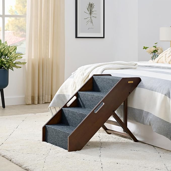 Stakmore Wooden Pet Steps with 3 Adjustable Heights - No Assembly Foldable Pet Stairs for High Beds with Solid Hardwood Construction, Lightweight Cat, Dog Stairs & Steps, Espresso